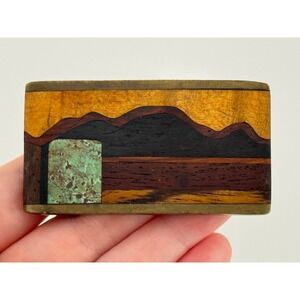 Vintage Kenneth Reid Belt Buckle Wood Turquoise Inlay Brass Albuquerque NM